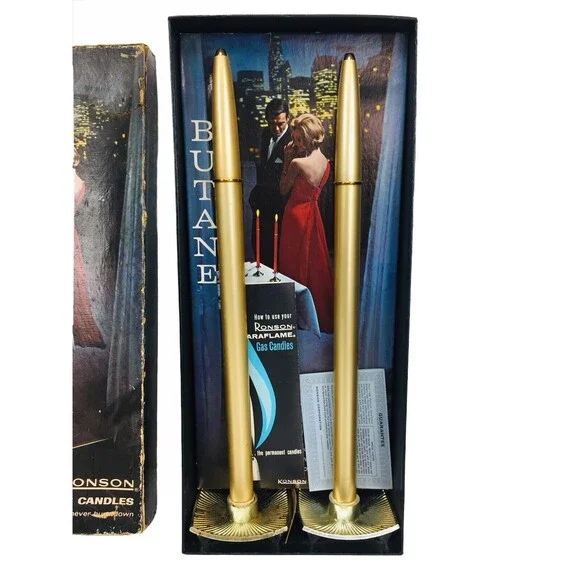 Vintage MCM Ronson Veraflames Gold Gas Candles with Stands in Original Box - Picture 2 of 9